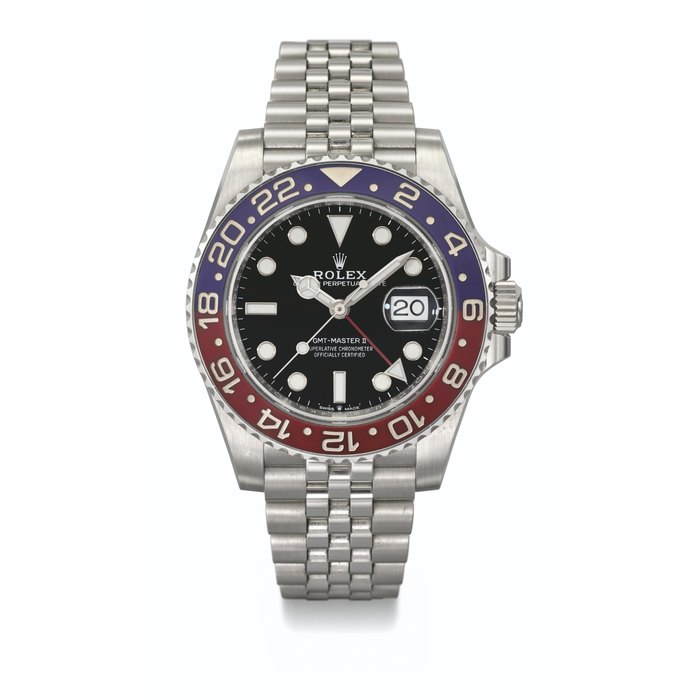 ROLEX. A STAINLESS STEEL DUAL TIME WRISTWATCH WITH SWEEP CENTRE SECONDS, DATE, BRACELET, GUARANTEE AND BOX SIGNED ROLEX, GMT-MASTER II MODEL, REF. 126710BLRO, CIRCA 2020