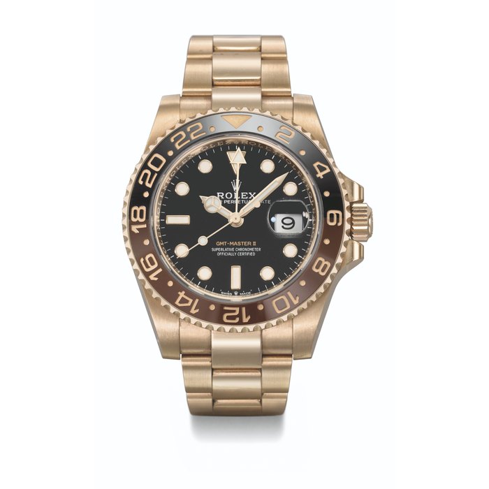 ROLEX. AN 18K PINK GOLD DUAL TIME WRISTWATCH WITH SWEEP CENTRE SECONDS, DATE, BRACELET, GUARANTEE AND BOX SIGNED ROLEX, GMT-MASTER II MODEL, REF. 126715CHNR, CIRCA 2018