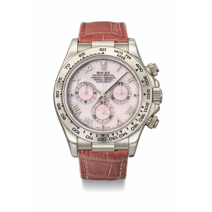 ROLEX. AN ATTRACTIVE 18K WHITE GOLD AUTOMATIC CHRONOGRAPH WRISTWATCH WITH PINK MOTHER-OF-PEARL DIAL SIGNED ROLEX, DAYTONA 'BEACH' MODEL, REF. 116519, CIRCA 2000