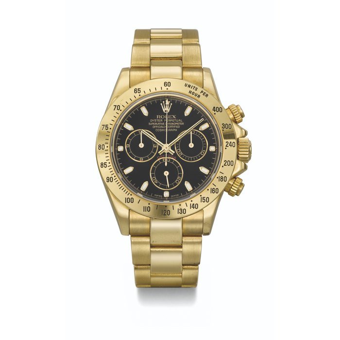 Rolex ROLEX. AN EXTREMELY RARE AND VERY IMPORTANT 18K GOLD AUTOMATIC CHRONOGRAPH WRISTWATCH WITH BRACELET, BLACK DIAL WITH INVERTED 6, EARLY SERIAL NUMBER SIGNED ROLEX, DAYTONA, REF. 116528, CASE NO. A966485, CIRCA 1999 · 116528