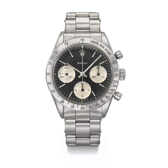 Rolex ROLEX. A VERY RARE AND EARLY STAINLESS STEEL CHRONOGRAPH WRISTWATCH WITH BRACELET AND 'SOLO' DIAL SIGNED ROLEX, DAYTONA MODEL, REF. 6239, CASE NO. 1'053'839, CIRCA 1964 · 6239