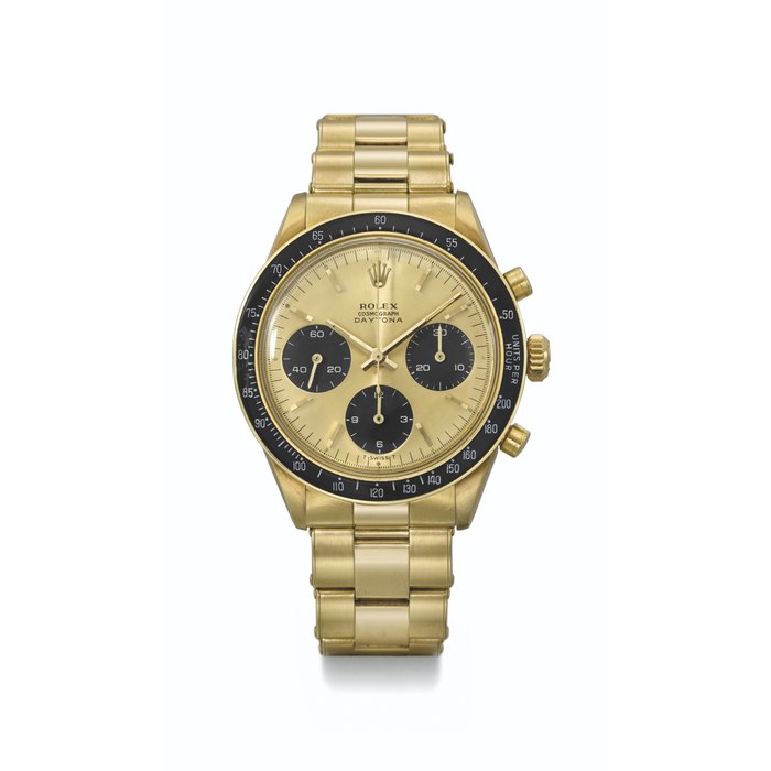 ROLEX. A VERY RARE AND HIGHLY ATTRACTIVE 14K GOLD CHRONOGRAPH WRISTWATCH WITH BRACELET AND COPPER TONE DIAL WITH WHITE GRAPHICS SIGNED ROLEX, DAYTONA MODEL, REF. 6241, CASE NO. 1'534'085, CIRCA 1966