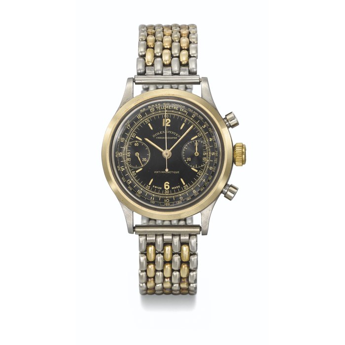ROLEX. AN EXTREMELY RARE STAINLESS STEEL AND GOLD CHRONOGRAPH WRISTWATCH WITH BLACK DIAL AND BRACELET SIGNED ROLEX, OYSTER CHRONOGRAPHE, ANTIMAGNETIQUE, REF. 3525, CASE NO. 262'197, CIRCA 1943