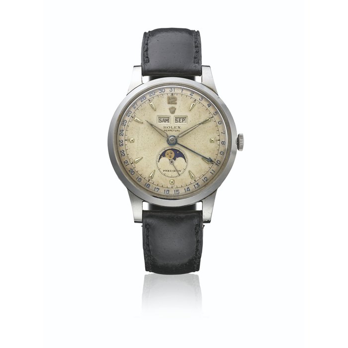 ROLEX. A VERY RARE STAINLESS STEEL AUTOMATIC TRIPLE CALENDAR WRISTWATCH WITH MOON PHASES SIGNED ROLEX, REF. 8171, CASE NO. 686'184, CIRCA 1948
