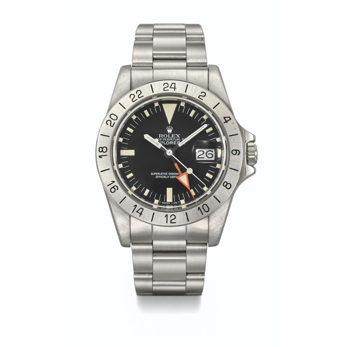 ROLEX. A STAINLESS STEEL AUTOMATIC WRISTWATCH WITH SWEEP CENTRE SECONDS, DATE, 24 HOUR HAND AND BRACELET SIGNED ROLEX, EXPLORER II, STEVE MCQUEEN MODEL, REF. 1655, CASE NO. 7'062'227, CIRCA 1981