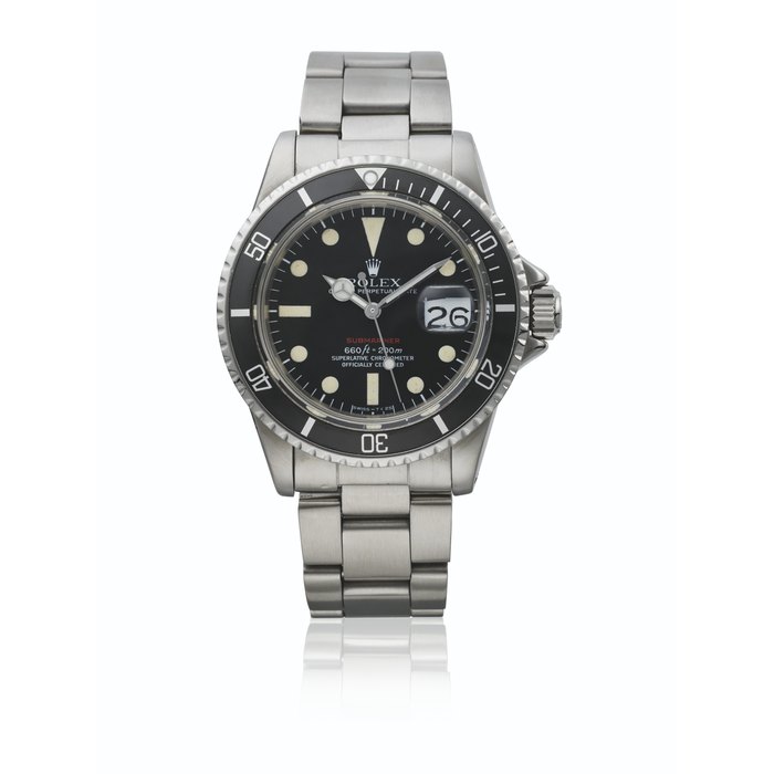 ROLEX. A STAINLESS STEEL AUTOMATIC WRISTWATCH WITH SWEEP CENTRE SECONDS, DATE, BRACELET AND GUARANTEE SIGNED ROLEX, RED SUBMARINER MODEL, REF. 1680, CASE NO. 3'037'070, CIRCA 1972