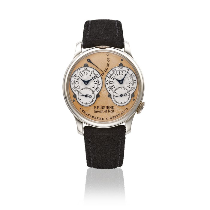 F.P. JOURNE. A VERY RARE PLATINUM DUAL TIME CHRONOMETER WRISTWATCH WITH RESONANCE-CONTROLLED TWIN INDEPENDENT GEAR-TRAIN BRASS MOVEMENT, POWER RESERVE, CERTIFICATE AND BOX SIGNED F.P. JOURNE, CHRONOMETRE A RESONANCE MODEL, CASE NO. 320/03R, CIRCA 2003