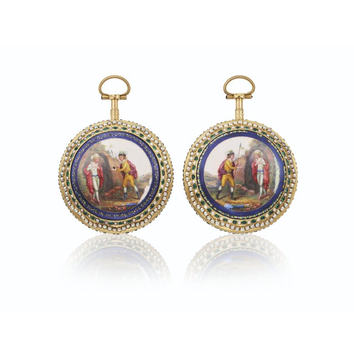 JAQUET DROZ. A SET OF TWO VERY FINE AND EXCEPTIONALLY RARE QUARTER REPEATING GOLD, ENAMEL, PEARL AND GEM-SET 'PERPETUELLE' SELF-WINDIND WATCHES WITH CENTRE SECONDS SIGNED JAQUET DROZ, LONDON, CIRCA 1785, MADE IN SWITZERLAND AND RETAILED VIA LONDON FOR THE CHINESE MARKET