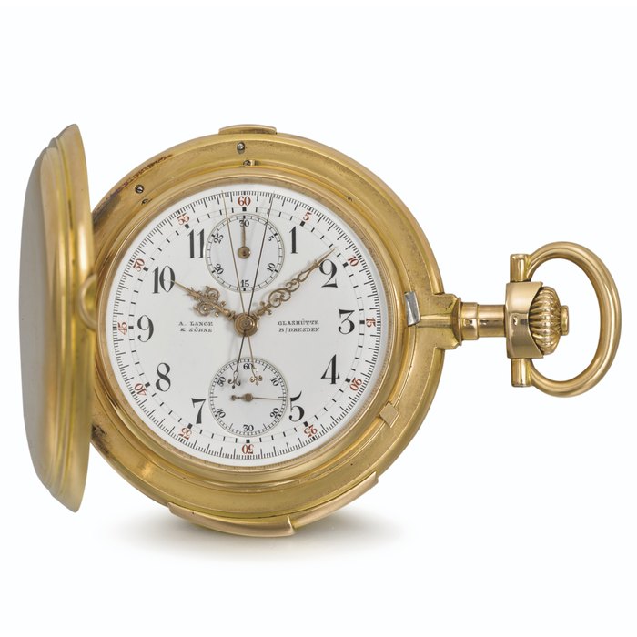 A. LANGE & SOHNE. AN EXTREMELY FINE AND RARE LARGE 18K PINK GOLD HUNTER CASE MINUTE REPEATING KEYLESS LEVER WATCH WITH LANGE'S DOUBLE CHRONOGRAPH SYSTEM AND 1ST QUALITY MOVEMENT SIGNED A. LANGE & SOHNE, GLASHUTTE B/DRESDEN, NO. 41258, CIRCA 1905