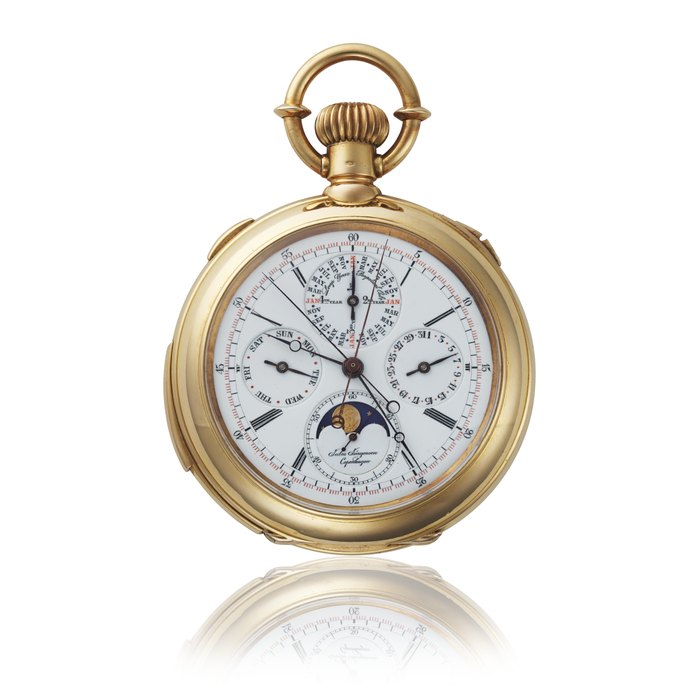 JULES JÜ RGENSEN. AN EXTREMELY FINE AND IMPORTANT LARGE AND HEAVY 18K GOLD OPENFACE MINUTE REPEATING PERPETUAL CALENDAR SPLIT SECONDS CHRONOGRAPH KEYLESS LEVER WATCH WITH MOON PHASES AND JÜ RGENSEN ’ S PATENTED BOW HAND-SETTING, WINNER OF A GRAND PRIX AT THE EXPOSITION UNIVERSELLE, PARIS 1900 SIGNED JULES JURGENSEN, COPENHAGEN, NO. 15'291, MANUFACTURED IN 1899