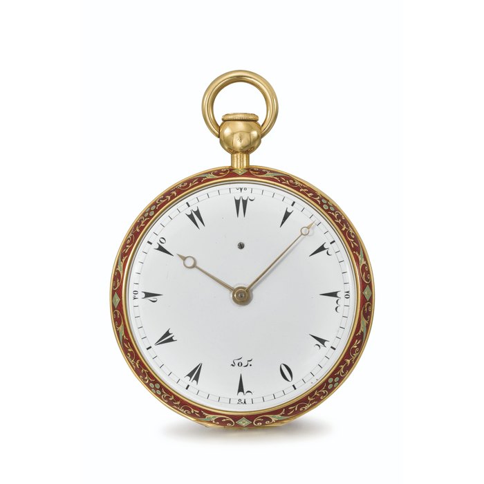 BREGUET NO. 3814 “REPETITION DE MINUTE”. AN EXCEPTIONAL AND IMPORTANT MINUTE REPEATING 18K GOLD AND ENAMEL OPENFACE WATCH WITH RUBY CYLINDER ESCAPEMENT, THE ENAMEL SCENE PAINTED BY THOMAS SEGUIN (1741– AFTER 1806), MADE FOR THE OTTOMAN MARKET SIGNED BREGUET, NO. 3814, SOLD ON 15 FEBRUARY 1807 TO LEROY A CONSTANTINOPLE FOR THE SUM OF 2,754 FRANCS