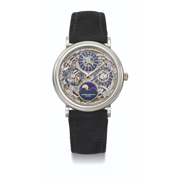 VACHERON CONSTANTIN. AN ELEGANT AND RARE PLATINUM SKELETONIZED AUTOMATIC PERPETUAL CALENDAR WRISTWATCH WITH MOON PHASES SIGNED VACHERON CONSTANTIN, PLATINUM PATRIMONY PERPETUAL MODEL, REF. 43032, CIRCA 1995