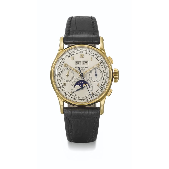 PATEK PHILIPPE. A VERY RARE AND HIGHLY ATTRACTIVE 18K GOLD PERPETUAL CALENDAR CHRONOGRAPH WRISTWATCH WITH MOON PHASES SIGNED PATEK PHILIPPE, GENEVE, REF. 1518, MOVEMENT NO. 867'235, CASE NO. 649'552, MANUFACTURED IN 1948