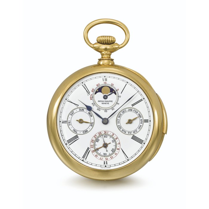 PATEK PHILLIPE. AN EXTREMELY FINE, IMPORTANT AND POSSIBLY UNIQUE, 18K GOLD AND WHITE GOLD OPENFACE MINUTE REPEATING PERPETUAL CALENDAR KEYLESS LEVER WATCH WITH MOON PHASES, LUNAR CALENDAR, POWER RESERVE AND GUILLAUME BALANCE, MADE FOR THE AMERICAN MARKET SIGNED PATEK PHILIPPE, GENEVE, RETAILED BY JULIUS C. WALK & SON, INDIANAPOLIS, MOVEMENT NO. 174’938, CASE NO. 406’236, MANUFACTURED IN 1919