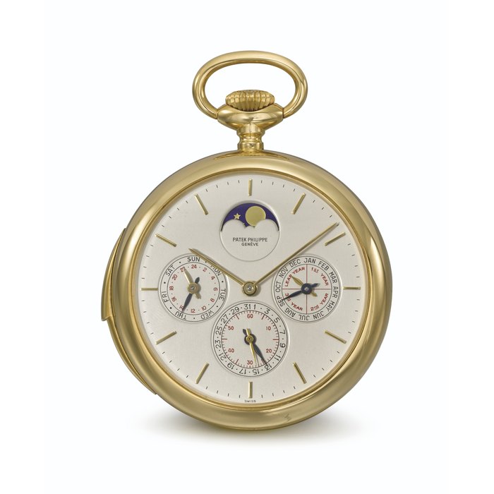 PATEK PHILIPPE. AN EXTREMELY FINE AND RARE 18K GOLD OPENFACE MINUTE REPEATING PERPETUAL CALENDAR KEYLESS LEVER WATCH WITH MOON PHASES, FOUR YEAR CYCLE INDICATION AND 24-HOUR INDICATION SIGNED PATEK PHILIPPE, GENEVE, REF. 880, MOVEMENT NO. 866’567, CASE NO. 332’910, MANUFACTURED IN 1980