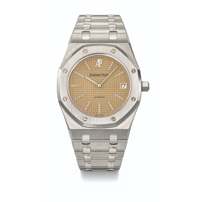 AUDEMARS PIGUET. A VERY RARE STAINLESS STEEL AUTOMATIC WRISTWATCH WITH DATE, BRACELET AND PINK DIAL - MADE TO COMMEMORATE THE 20TH ANNIVERSARY OF THE ROYAL OAK SIGNED AUDEMARS PIGUET, ROYAL OAK JUBILEE MODEL, REF. 14802ST, MOVEMENT NO. 405'825, CASE NO. D-43728, CIRCA 1995