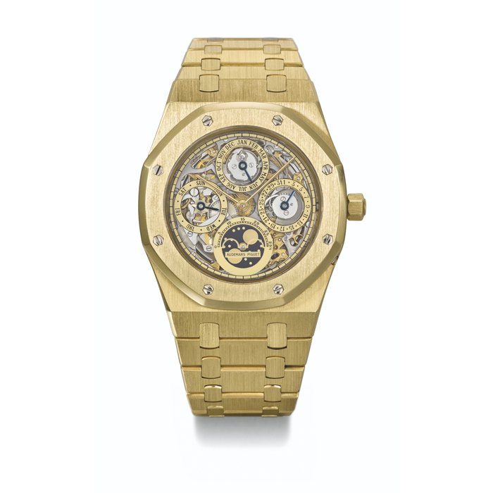 AUDEMARS PIGUET. A VERY RARE AND ATTRACTIVE 18K GOLD SKELETONIZED PERPETUAL CALENDAR AUTOMATIC WRISTWATCH WITH MOON PHASES, BRACELET AND GUARANTEE SIGNED AUDEMARS PIGUET, ROYAL OAK QUANTIEME PERPERTUEL MODEL, REF. 25636BA, MOVEMENT NO. 324'306, CASE NO. C89530, NO. 113, CIRCA 1996