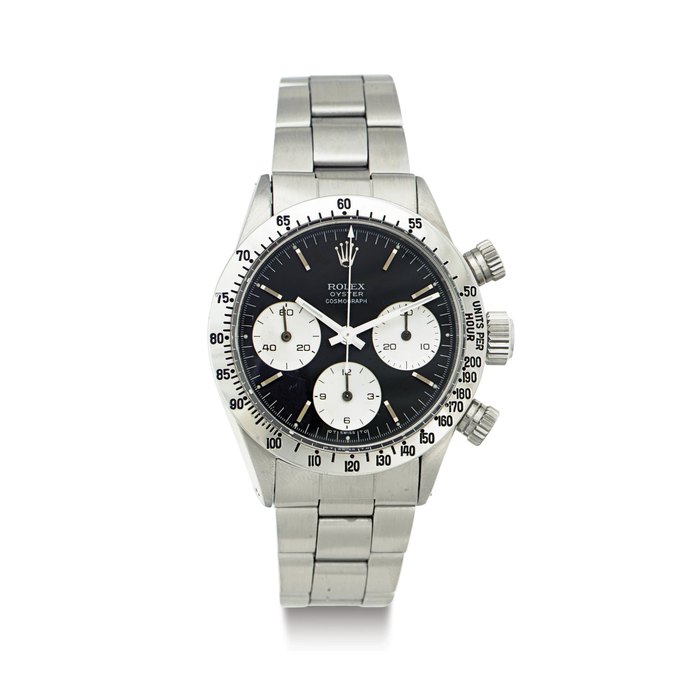 ROLEX. A RARE STAINLESS STEEL CHRONOGRAPH WRISTWATCH WITH BRACELET SIGNED ROLEX, OYSTER, COSMOGRAPH, CASE NO. 2924155, REF. 6265, CIRCA 1970