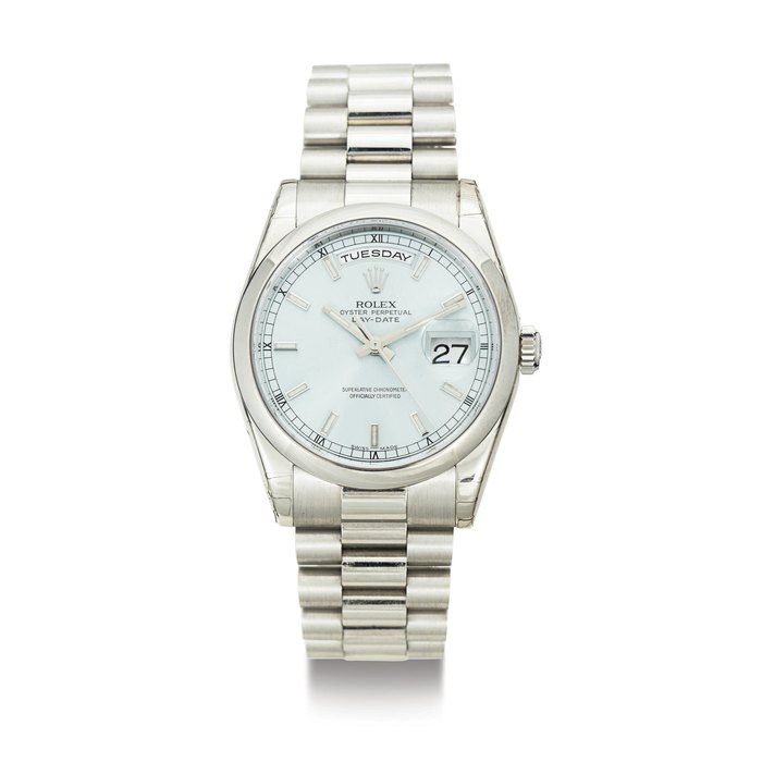 ROLEX. A FINE PLATINUM AUTOMATIC WRISTWATCH WITH DAY, DATE, CENTER SECONDS AND BRACELET 2IGNED ROLEX, OYSTER PERPETUAL, DAY-DATE, CASE NO. D490510, REF. 118206, CIRCA 2001
