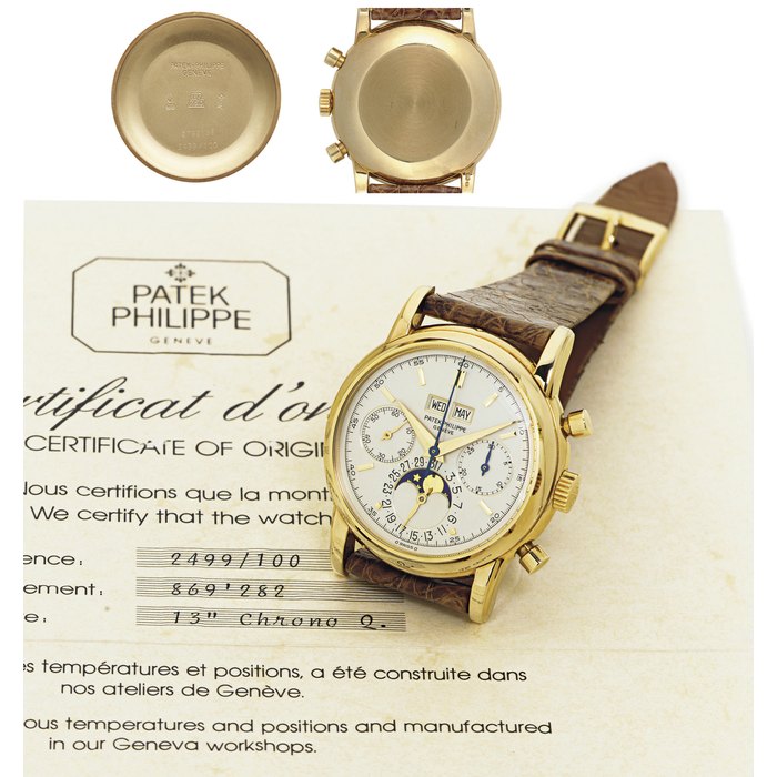 PATEK PHILIPPE. A FINE AND RARE 18K GOLD PERPETUAL CALENDAR CHRONOGRAPH WRISTWATCH WITH MOON PHASES AND ORIGINAL CERTIFICATE 2IGNED PATEK PHILIPPE, GENEVE, MOVEMENT NO. 869282, CASE NO. 2792138 REF. 2499/100, MANUFACTURED IN 1984