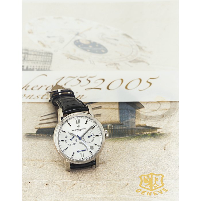 VACHERON CONSTANTIN. A FINE LIMITED EDITION 18K WHITE GOLD AUTOMATIC WRISTWATCH WITH DAY, DATE, POWER RESERVE AND CENTER SECONDS SIGNED VACHERON CONSTANTIN, GENEVE, JUBILEE 1755 , N0. 222, MOVEMENT N0. 971763, CASE. NO. 799739, REF. 85250, CIRCA 2005