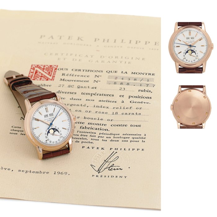 PATEK PHILIPPE. A FINE, RARE AND IMPORTANT 18K PINK GOLD PERPETUAL CALENDAR WRISTWATCH WITH CENTER SECONDS, MOON PHASES AND ORIGINAL CERTIFICATE SIGNED PATEK PHILIPPE, GENEVE, MOVEMENT NO. 888177, CASE NO. 2619216, REF. 2438/1, MANUFACTURED IN 1959