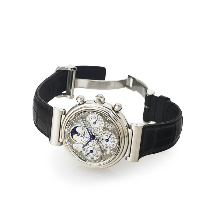 IWC. A FINE LIMITED EDITION 18K WHITE GOLD PERPETUAL CALENDAR TOURBILLON CHRONOGRAPH WRISTWATCH WITH MOON PHASES SIGNED IWC, DA VINCI TOURBILLON , NO. 04/50, MOVEMENT NO. 2754422, CASE NO. 2883919, CIRCA 1995