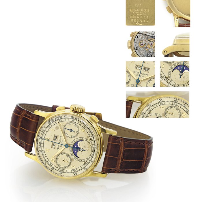 PATEK PHILIPPE. A VERY FINE AND RARE 18K GOLD PERPETUAL CALENDAR WRISTWATCH WITH MOON PHASES SIGNED PATEK PHILIPPE & CO., GENEVE, MOVEMENT NO. 867360, CASE NO. 650449, REF. 1518, MANUFACTURED IN 1948