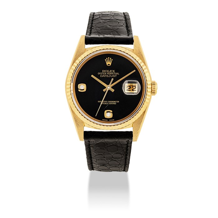 ROLEX, GOLD AND DIAMONDS DATE JUST WITH ONYX DIAL, REF. 16238