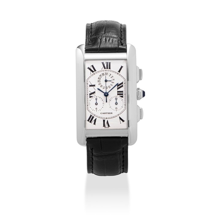CARTIER, WHITE GOLD TANK AMERICAINE CHRONOGRAPH AND DATE