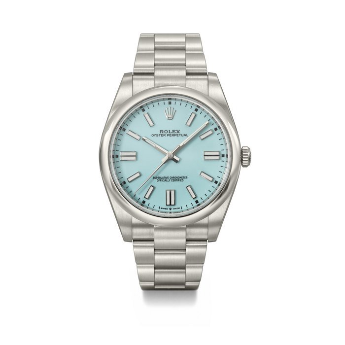 Rolex ROLEX. AN ATTRACTIVE STAINLESS STEEL AUTOMATIC WRISTWATCH WITH SWEEP CENTRE SECONDS, BRACELET, 'TURQUOISE BLUE' DIAL, GUARANTEE AND BOX SIGNED ROLEX, OYSTER PERPETUAL MODEL, REF. 124300, CIRCA 2021 · 124300