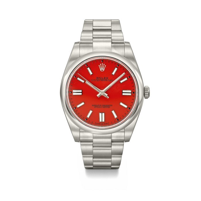 Rolex ROLEX. AN ATTRACTIVE STAINLESS STEEL AUTOMATIC WRISTWATCH WITH SWEEP CENTRE SECONDS, BRACELET, CORAL RED DIAL, GUARANTEE AND BOX SIGNED ROLEX, OYSTER PERPETUAL MODEL, REF. 124300, CIRCA 2021 · 124300