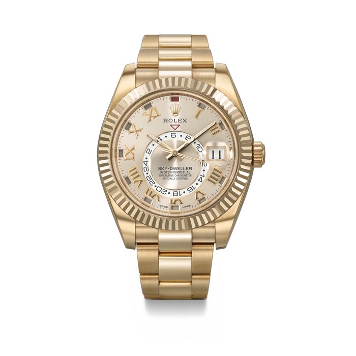 ROLEX. AN ATTRACTIVE 18K PINK GOLD AUTOMATIC ANNUAL CALENDAR WRISTWATCH WITH DUAL TIME, SWEEP CENTRE SECONDS AND BRACELET SIGNED ROLEX, SKY-DWELLER MODEL, REF. 326935, CIRCA 2015