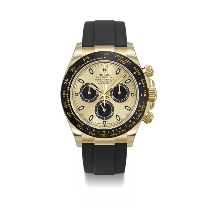 ROLEX. AN ATTRACTIVE 18K GOLD AUTOMATIC CHRONOGRAPH WRISTWATCH WITH GUARANTEE AND BOX SIGNED ROLEX, DAYTONA MODEL, REF. 116518LN, CIRCA 2021