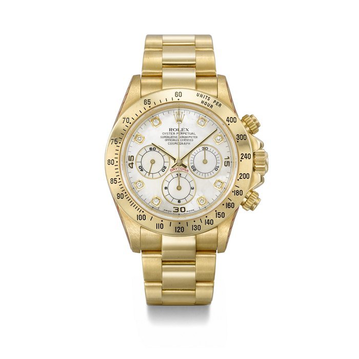 Rolex ROLEX. A RARE AND ATTRACTIVE 18K GOLD AND DIAMOND-SET AUTOMATIC CHRONOGRAPH WRISTWATCH WITH BRACELET, MOTHER-OF-PEARL DIAL AND BOX SIGNED ROLEX, DAYTONA MODEL, REF. 16528, CASE NO. A829053, CIRCA 1999 · 16528