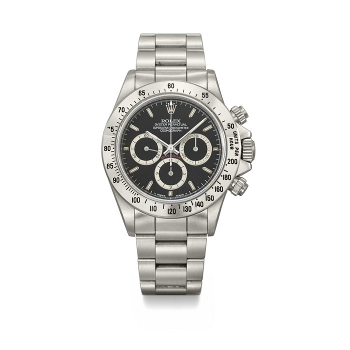 Rolex ROLEX. A VERY RARE AND ATTRACTIVE STAINLESS STEEL AUTOMATIC CHRONOGRAPH WRISTWATCH WITH 'FOUR LINES' DIAL AND BRACELET SIGNED ROLEX, DAYTONA MODEL, REF. 16520, CASE NO. L346052, CIRCA 1989, Price & Market Data