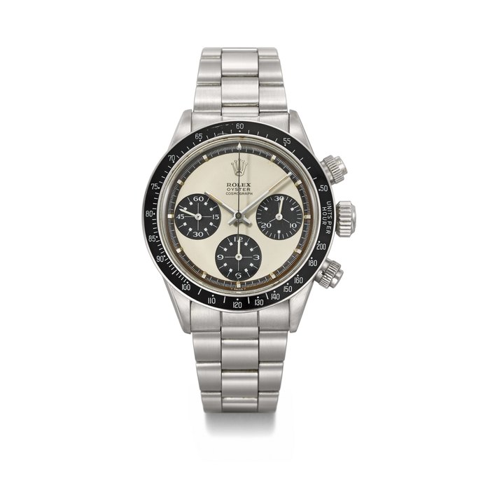 ROLEX. A VERY RARE AND EXTREMELY ATTRACTIVE STAINLESS STEEL CHRONOGRAPH WRISTWATCH WITH BRACELET AND TROPICAL PAUL NEWMAN MK 1.75 PANDA DIAL SIGNED ROLEX, OYSTER COSMOGRAPH, REF. 6263, CASE NO. 2'200'285, CIRCA 1969