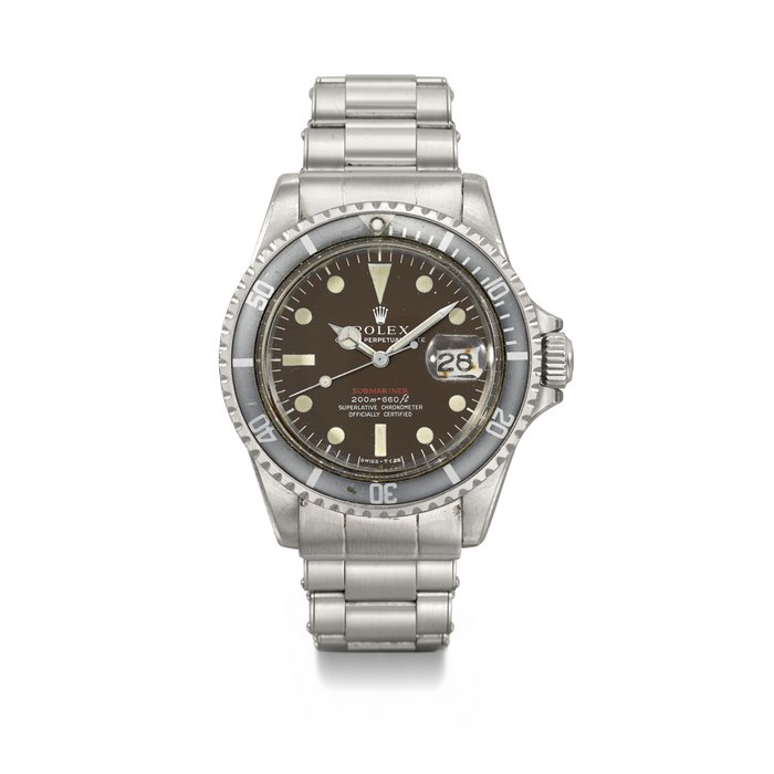 ROLEX. A RARE AND HIGHLY ATTRACTIVE STAINLESS STEEL AUTOMATIC WRISTWATCH WITH SWEEP CENTRE SECONDS, DATE, BRACELET, TROPICAL DIAL AND BOX SIGNED ROLEX, SUBMARINER 'SINGLE RED' MODEL, REF. 1680, CASE NO. 2'299'583, CIRCA 1970