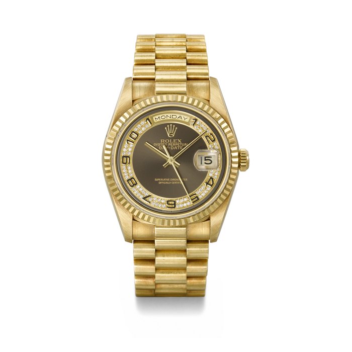 ROLEX. A RARE AND ATTRACTIVE 18K GOLD AND DIAMOND-SET AUTOMATIC WRISTWATCH WITH SWEEP CENTRE SECONDS, DAY, DATE AND BRACELET SIGNED ROLEX, DAY-DATE MODEL, REF. 18238, CASE NO. S285642, CIRCA 1993