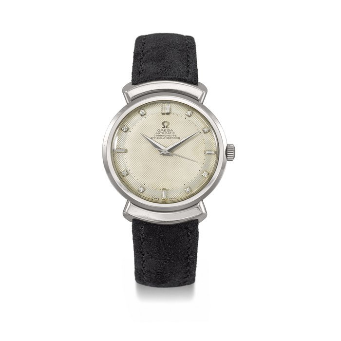 Omega OMEGA. AN EXTREMELY RARE PLATINUM AUTOMATIC WRISTWATCH WITH SWEEP CENTRE SECONDS, HOODED LUGS, TWO-TONE DIAL WITH DIAMOND INDEXES AND SILVER BOX SIGNED OMEGA, AUTOMATIC CHRONOMETRE OFFICIALLY CERTIFIED, REF. 14.325, MOVEMENT NO. 12’676’057, CASE NO. 11’060’206, CIRCA 1953