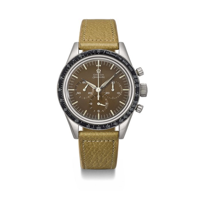 Omega OMEGA. AN EXTREMELY RARE STAINLESS STEEL CHRONOGRAPH WRISWATCH WITH TROPICAL DIAL AND ‘ MERCEDES ’ CROWN SIGNED OMEGA, SPEEDMASTER MODEL, REF. 2998-1, MOVEMENT NO. 17’301’145, CIRCA 1960