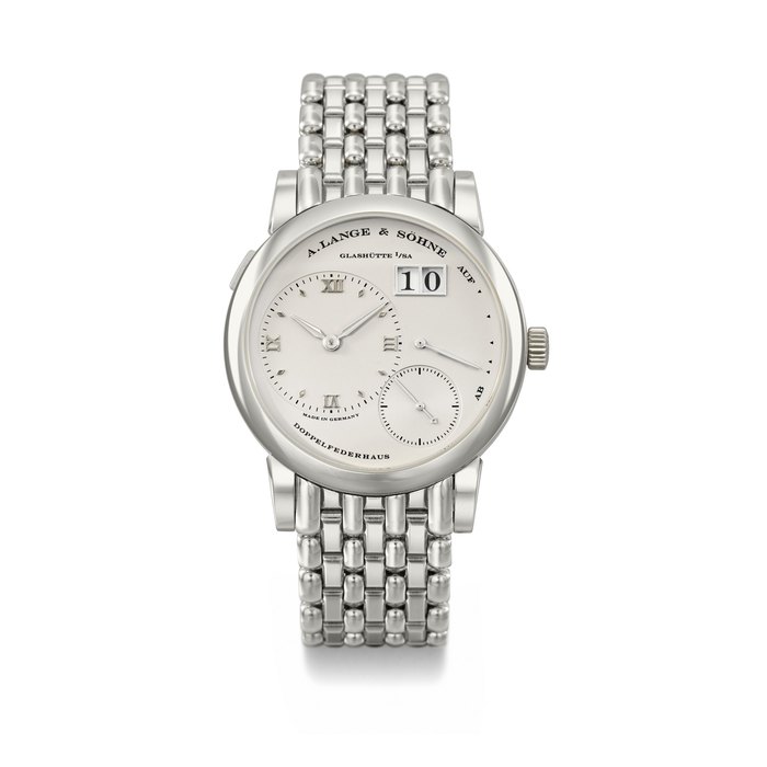 A. LANGE & SOHNE. A VERY RARE PLATINUM WRISWATCH WITH DATE, POWER RESERVE, BRACELET AND BOX SIGNED A. LANGE & SOHNE, LANGE 1 MODEL, REF. 151.325, CASE NO. 192'238, CIRCA 2000