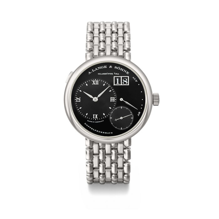 A. LANGE & SOHNE. A RARE AND ATTRACTIVE PLATINUM WRISTWATCH WITH DATE, POWER RESERVE AND BRACELET SIGNED A. LANGE & SOHNE, LANGE 1 MODEL 'DARTH', REF. 151.035, CASE NO. 135'763, CIRCA 2000