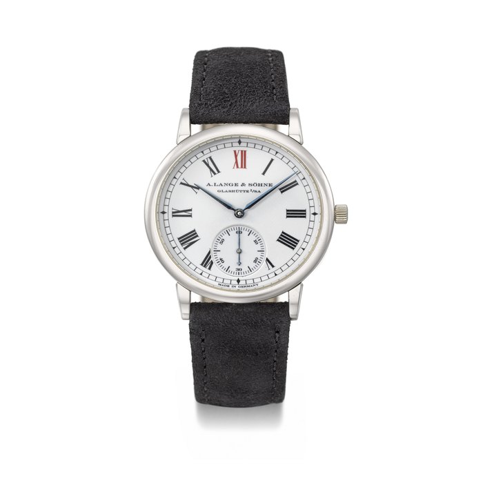 A. LANGE & SOHNE. A VERY RARE AND ELEGANT PLATINUM LIMITED EDITION AUTOMATIC WRISTWATCH WITH ZERO-RESET FEATURE AND ENAMEL DIAL SIGNED A. LANGE & SOHNE, LANGEMATIK ANNIVERSARY JUBILEE MODEL, REF. 302.025, CASE NO. 132'004, NO. 4⁄500, CIRCA 2000