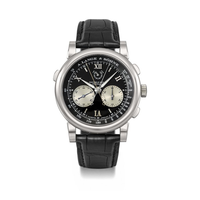 A. LANGE & SOHNE. AN IMPRESSIVE AND RARE PLATINUM DOUBLE SPLIT SECONDS FLYBACK CHRONOGRAPH WRISTWATCH WITH POWER RESERVE AND BOX SIGNED A. LANGE & SOHNE, DOUBLE SPLIT FLYBACK MODEL, REF. 404.035, CASE NO. 165'037, CIRCA 2011