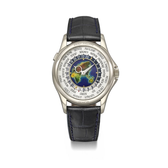 PATEK PHILIPPE. A RARE 18K WHITE GOLD AUTOMATIC WORLD TIME WRISTWATCH WITH CLOISONNE ENAMEL DIAL , CERTIFICATE OF ORIGIN AND BOX SIGNED PATEK PHILIPPE, GENEVE, REF. 5131G-001, MOVEMENT NO. 5’618’554, CASE NO. 4’555’214, CIRCA 2012