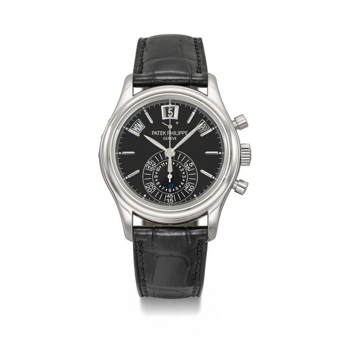 PATEK PHILIPPE. AN ATTRACTIVE PLATINUM AUTOMATIC ANNUAL CALENDAR FLYBACK CHRONOGRAPH WRISTWATCH WITH POWER RESERVE, DAY/NIGHT INDICATOR, CERTIFICATE OF ORIGIN AND BOX SIGNED PATEK PHILIPPE, GENEVE, REF. 5960P-016, MOVEMENT NO. 5'725'323, CASE NO. 4’641’697, CIRCA 2013