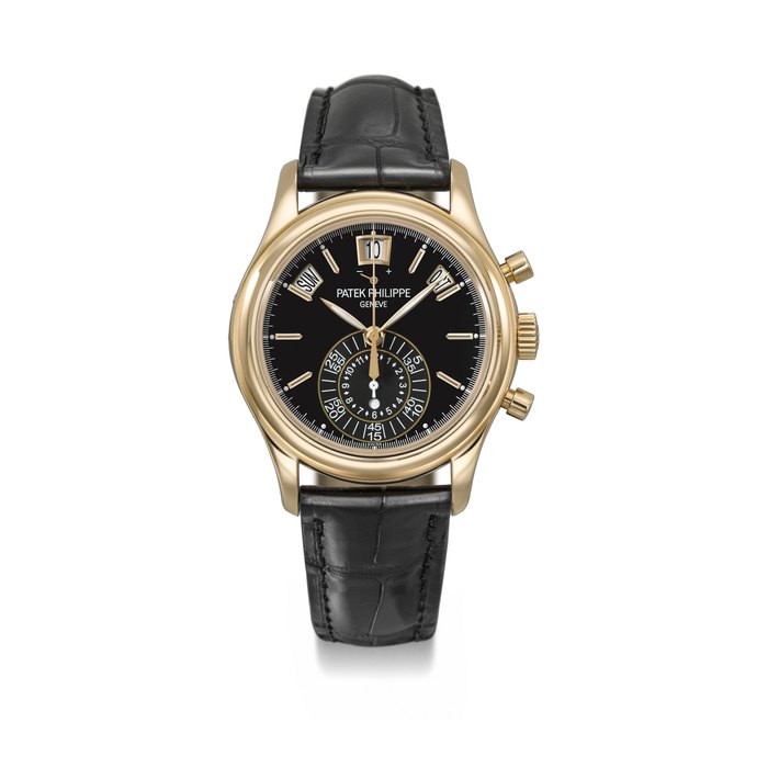 PATEK PHILIPPE. AN ATTRACTIVE 18K PINK GOLD AUTOMATIC ANNUAL CALENDAR FLYBACK CHRONOGRAPH WRISTWATCH WITH POWER RESERVE, DAY/NIGHT INDICATOR, CERTIFICATE OF ORIGIN AND BOX SIGNED PATEK PHILIPPE, GENEVE, REF. 5960R-010, MOVEMENT NO. 5'700'801, CASE NO. 4’589’131, CIRCA 2011