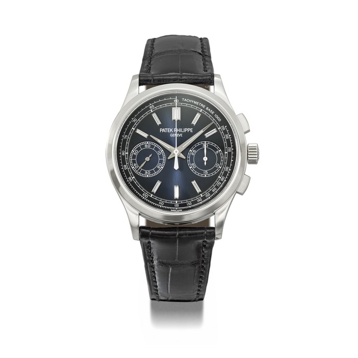 PATEK PHILIPPE. A RARE AND ATTRACTIVE PLATINUM CHRONOGRAPH WRISTWATCH WITH BAGUETTE DIAMOND-SET INDEXES, TACHYMETER, CERTIFICATE OF ORIGIN AND BOX SIGNED PATEK PHILIPPE, GENEVE, REF. 5170P-001, MOVEMENT NO. 7'079'453, CASE NO. 6'213'007, CIRCA 2017