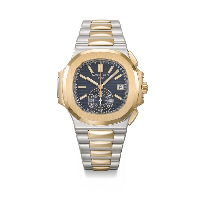 PATEK PHILIPPE. A RARE AND HIGHLY ATTRACTIVE STAINLESS STEEL AND 18K PINK GOLD AUTOMATIC FLYBACK CHRONOGRAPH WRISTWATCH WITH DATE, BRACELET, CERTIFICATE OF ORIGIN AND BOX SIGNED PATEK PHILIPPE, GENEVE, NAUTILUS MODEL, REF. 5980⁄1AR-001, MOVEMENT NO. 5'725'185, CASE NO. 4'626'848, CIRCA 2013